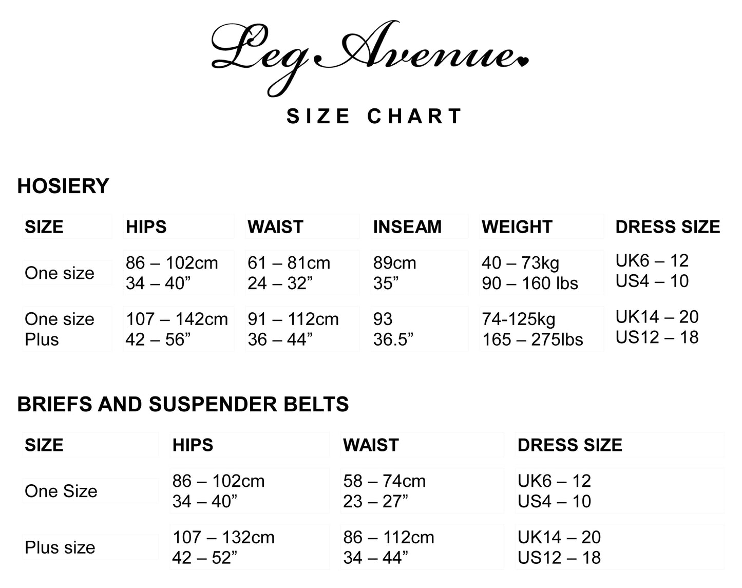 Leg Avenue - Size Chart