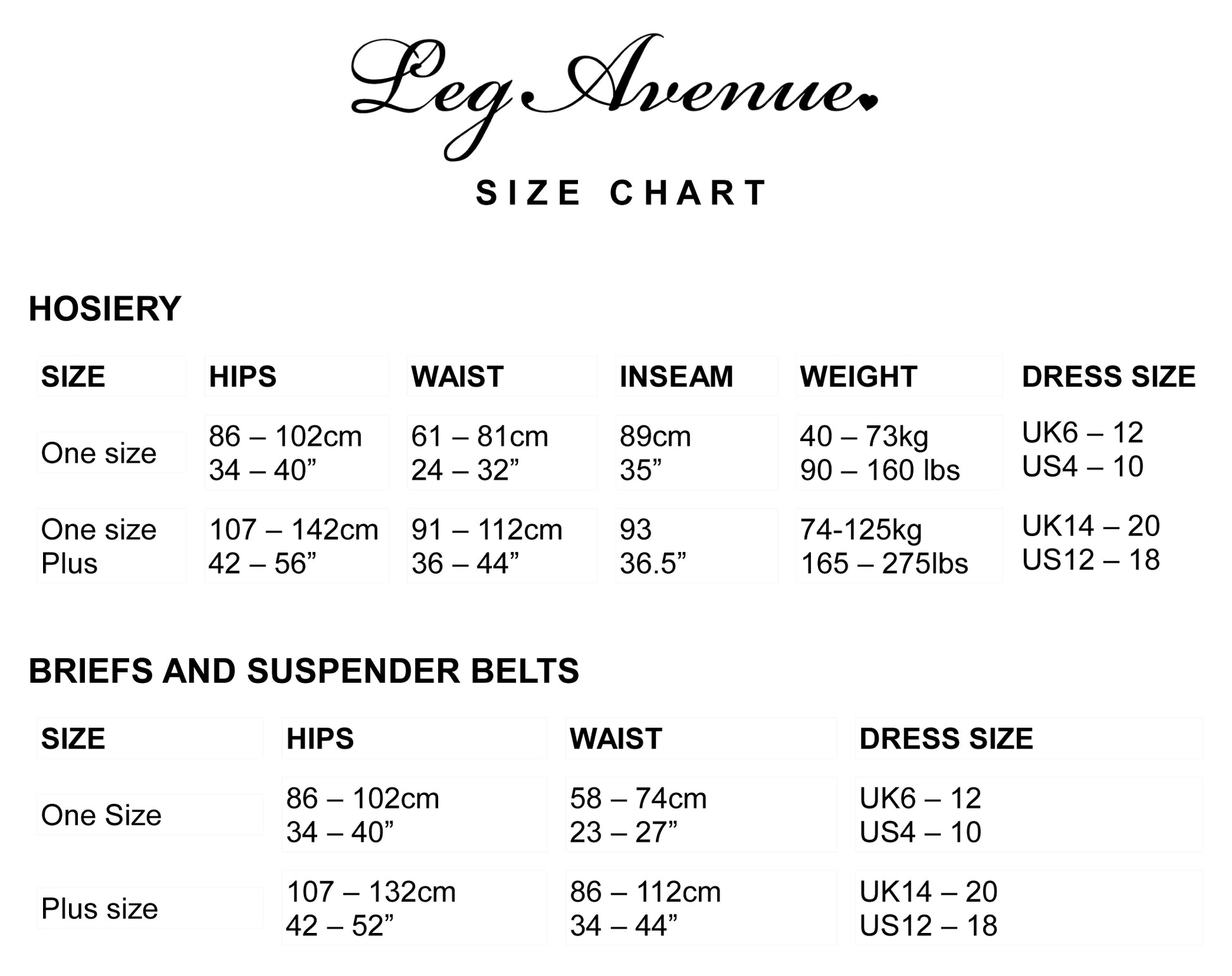 Leg Avenue - Size Chart