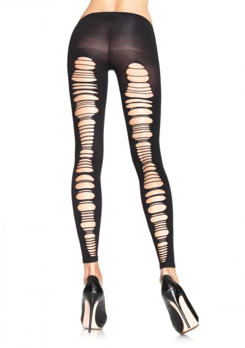 Leg Avenue 7331 Shredded Footless Tights - Black opaque fashion footless tights with open distressed shredded ripped holes on the back or front.