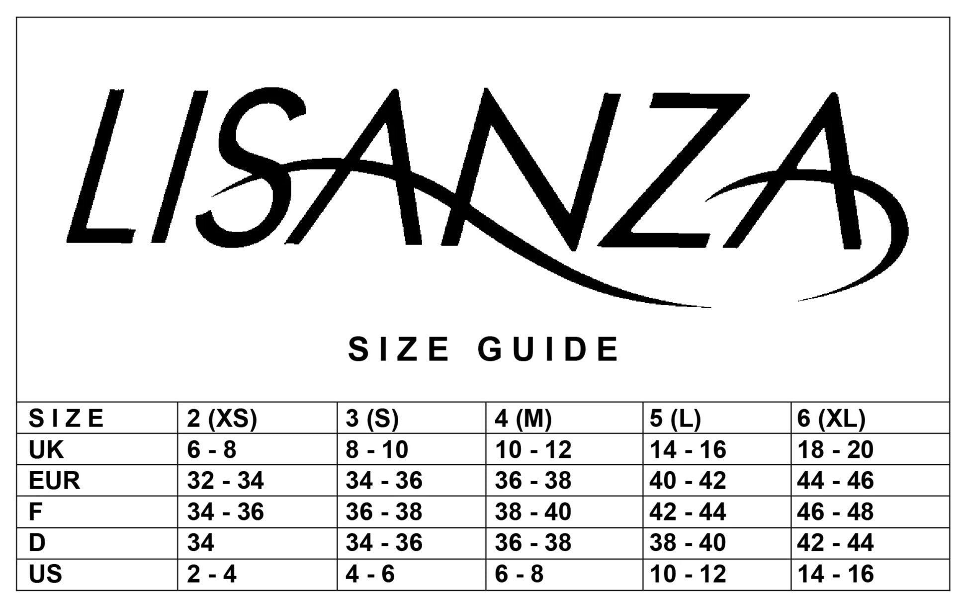 Lisanza Size Chart