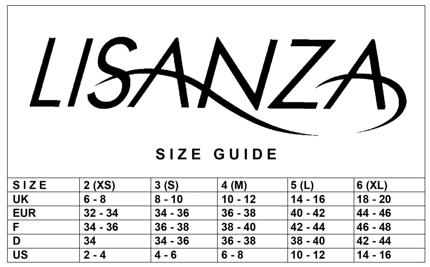 Lisanza Size Chart