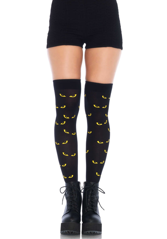Leg Avenue 6342 Spooky Eyes Thigh Highs - Black opaque over the knee socks with yellow spooky eyes pattern print, perfect for Halloween.