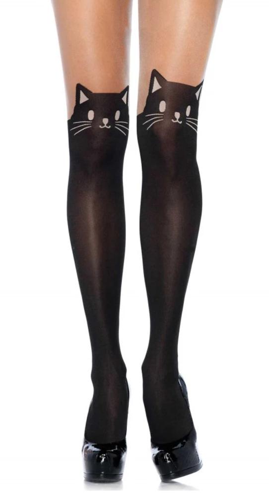 Leg Avenue 7908 Black Cat Opaque Pantyhose - tights with mock black over the knee