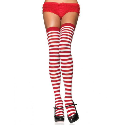 Leg Avenue 6005 Striped nylon thigh highs - red and white horizontal stripe over the knee socks, can be worn as stockings