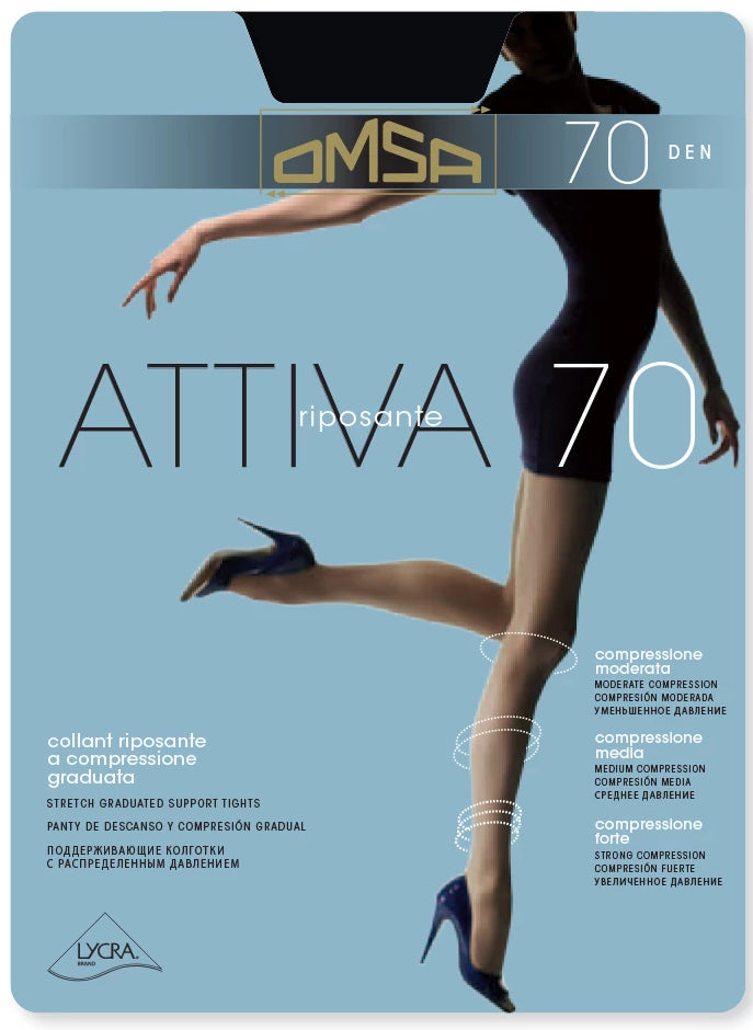 Omsa Attiva 70 light support tights, gradual compression, helps conceal cellulite, good for flights and being on your feet all day.