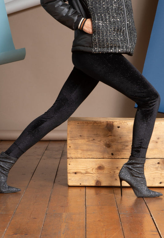 Omero Velluto Lurex Treggings - Black plush velvet leggings with sparkly silver lurex lam̩ throughout.