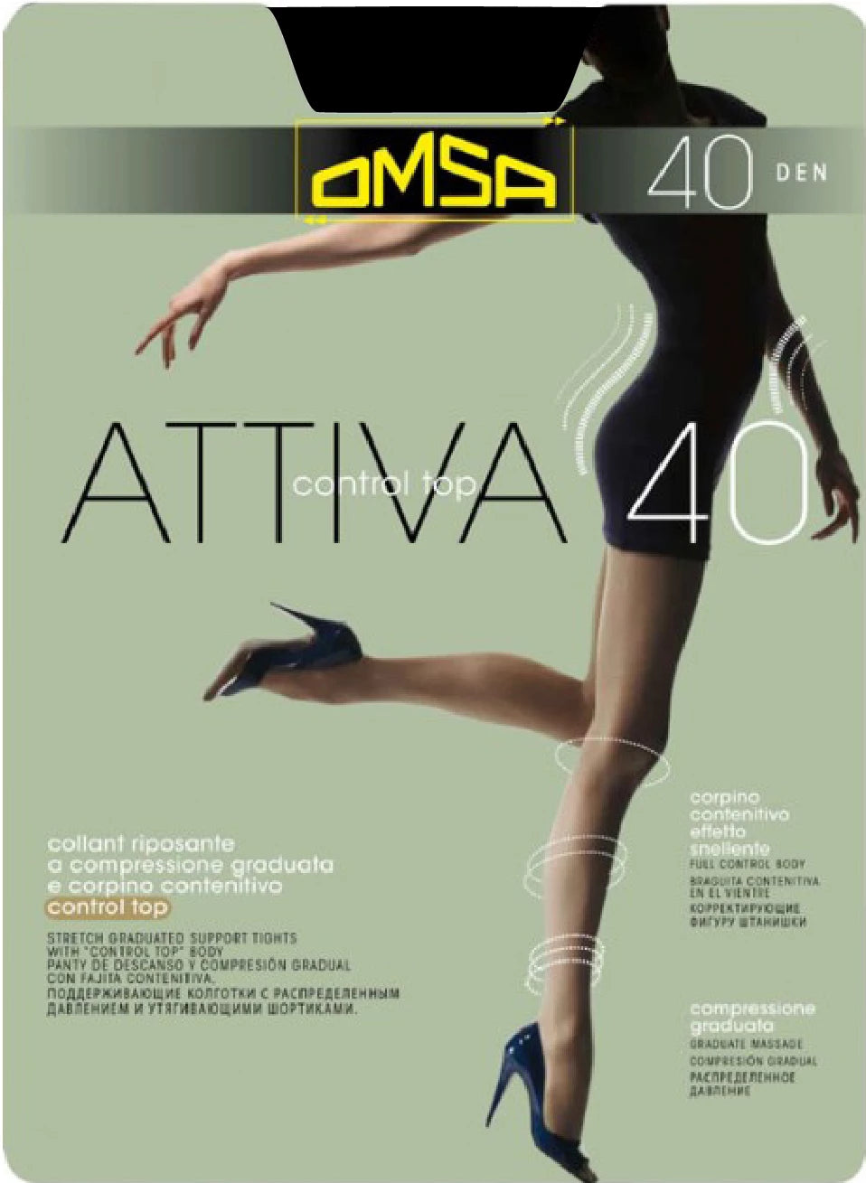 Omsa Attiva 40 Control-Top light support tights, gradual compression, helps conceal cellulite, good for flights and being on your feet all day.