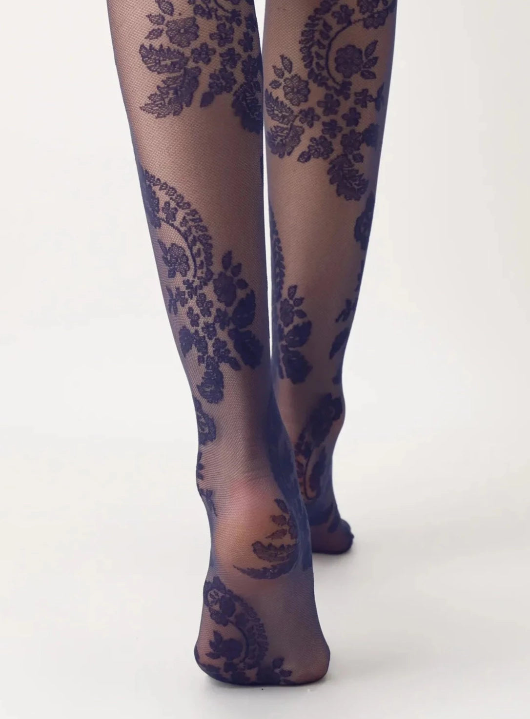 Oroblù Paisley Gambaletto - Sheer navy fashion knee-high socks with a paisley lace style pattern and deep comfort cuff.
