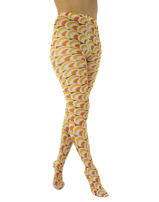 Pamela Mann 60s Groove Tights - Cream opaque tights with a sixties style circular print pattern in mustard, orange, pale pink and wine.