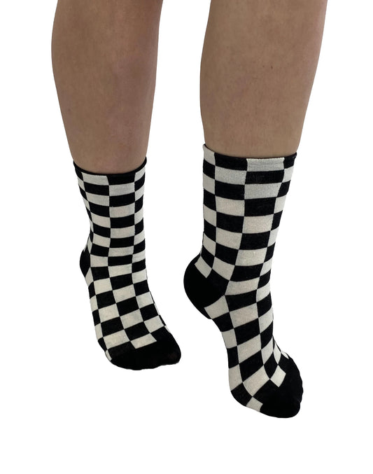 Pamela Mann Checkerboard Socks - Black and white chess board pattern cotton crew length ankle sock.