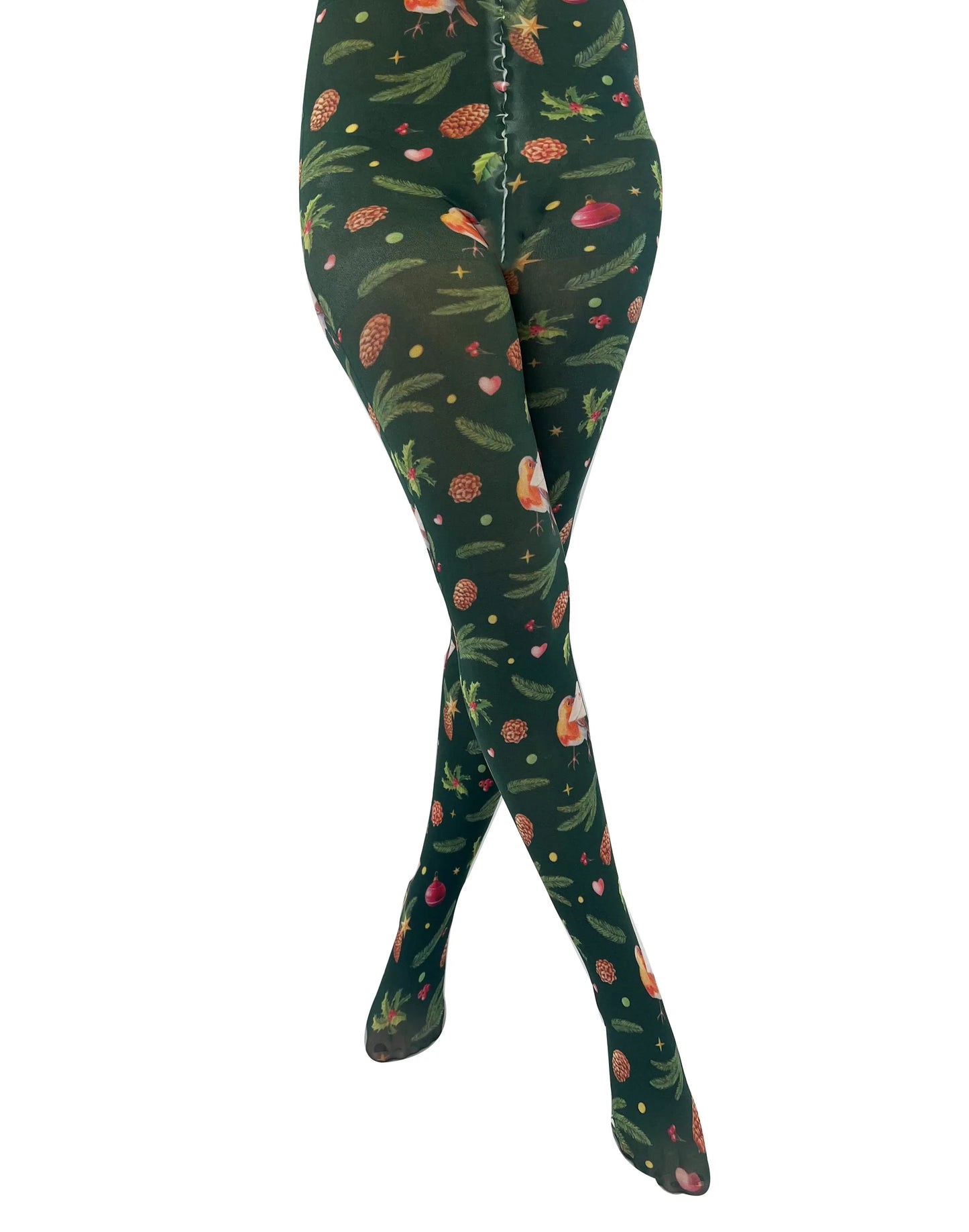 Pamela Mann Robin Printed Tights - White opaque tights with an all over Christmas themed print of Robins delivering letters, holly, pine cones, baubles, stars and hearts on a dark bottle green background.