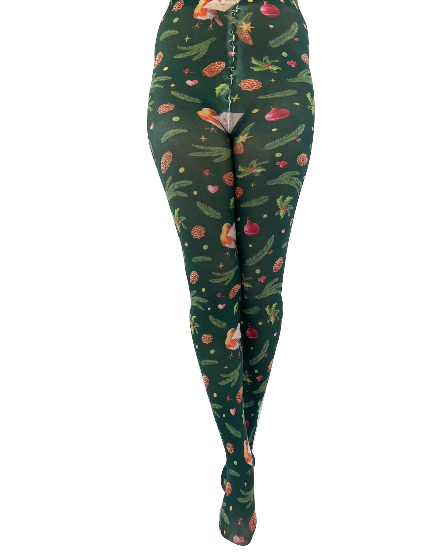 Pamela Mann Robin Printed Tights - White opaque tights with an all over Christmas themed print of Robins delivering letters, holly, pine cones, baubles, stars and hearts on a dark bottle green background.