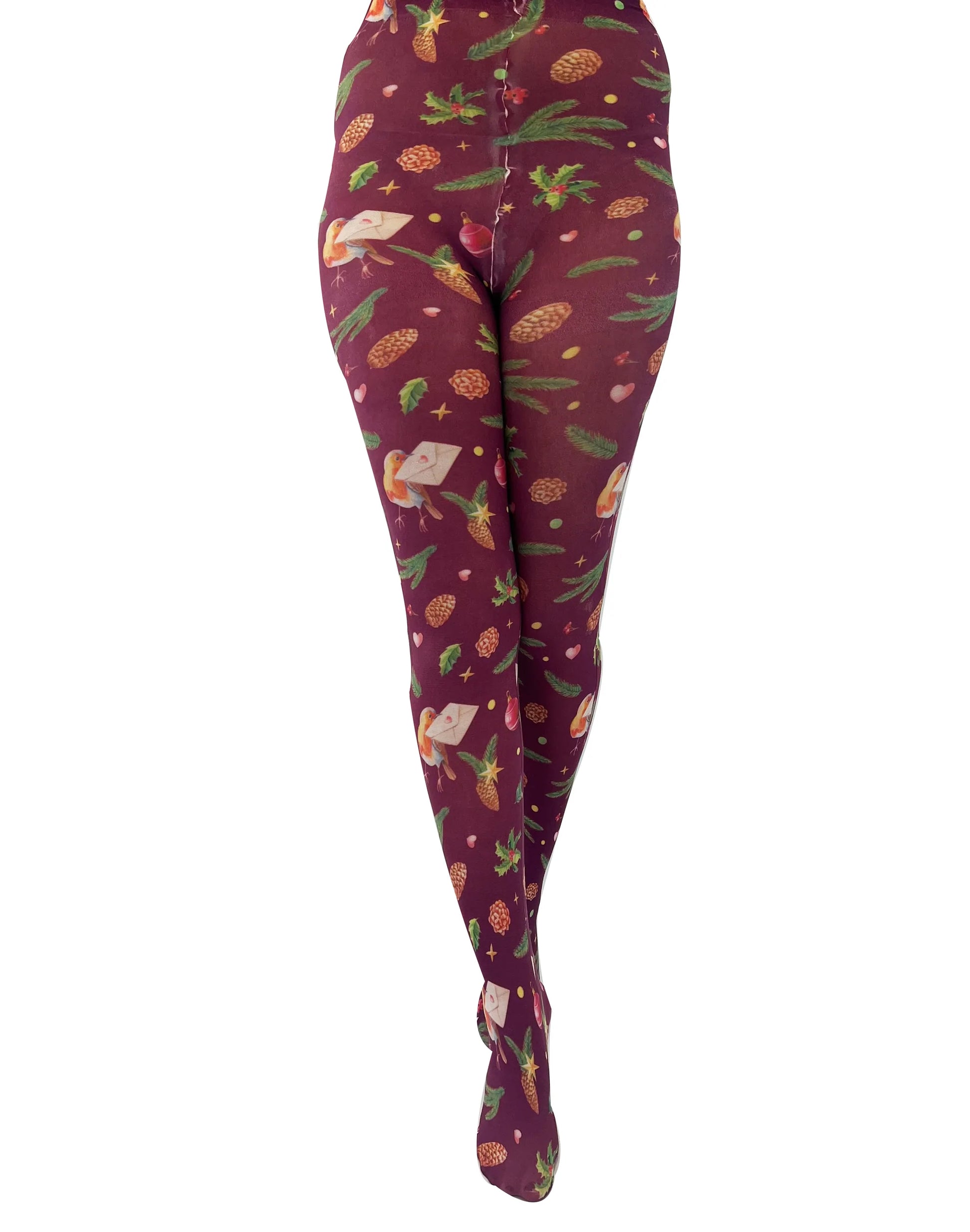 Pamela Mann Robin Printed Tights - White opaque tights with an all over Christmas themed print of Robins delivering letters, holly, pine cones, baubles, stars and hearts on a wine / burgundy background.