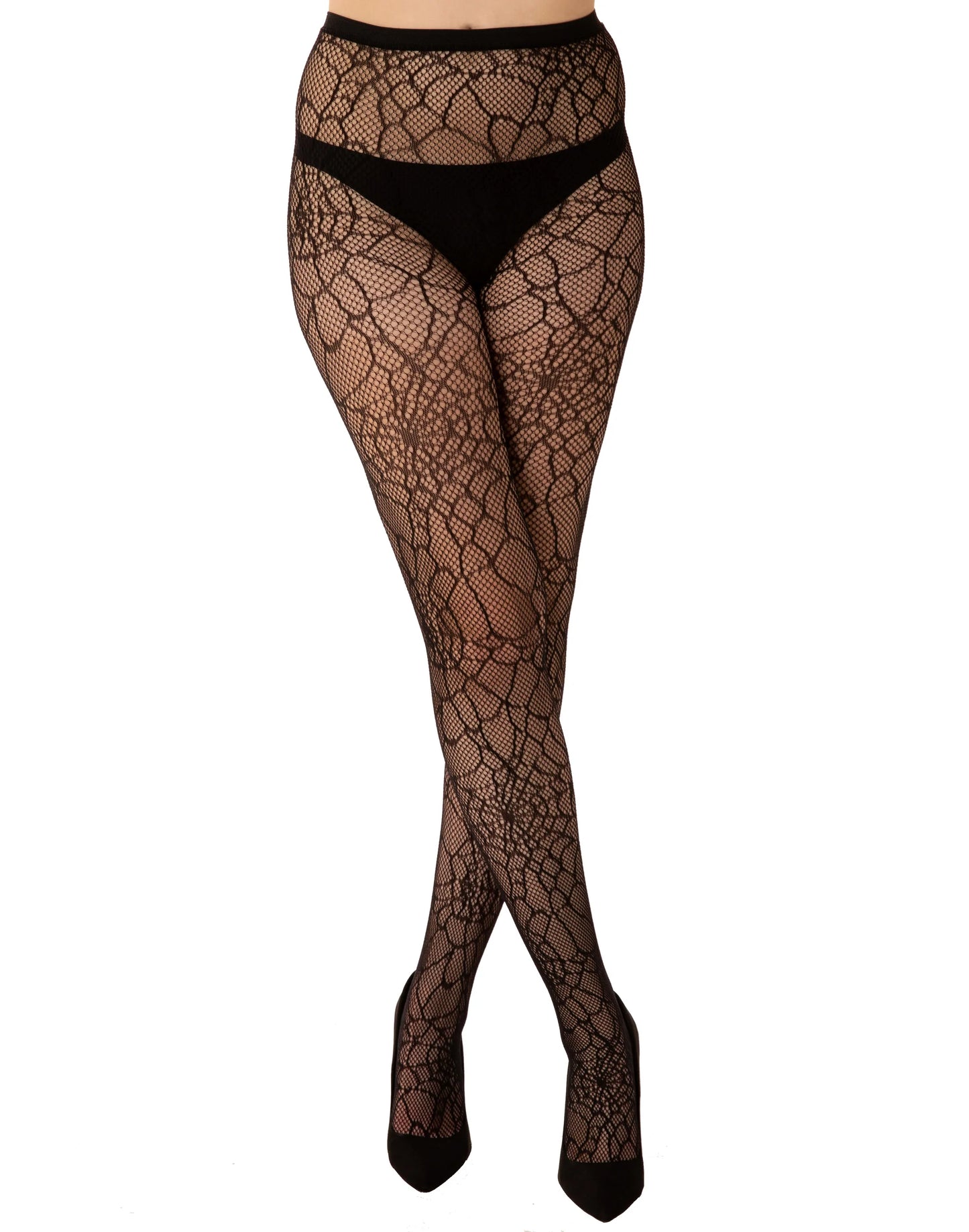 Pamela Mann Cobweb Fishnet Tights - Black openwork fishnet tights with an all over woven spider web style pattern, perfect for Halloween.