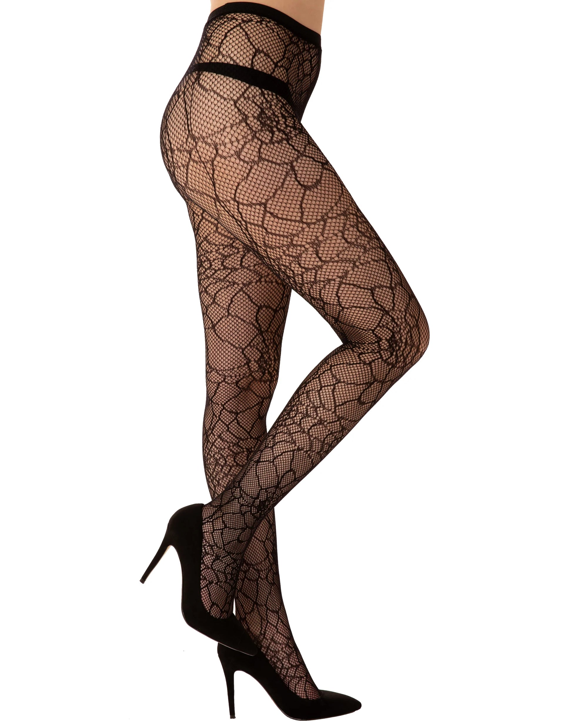 Pamela Mann Cobweb Fishnet Tights - Black openwork fishnet tights with an all over woven spider web style pattern, perfect for Halloween.