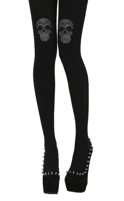 Pamela Mann Diamantí© Skull Tights - Black opaque tights with a sparkly rhinestone skull design above both knees, perfect for Halloween.