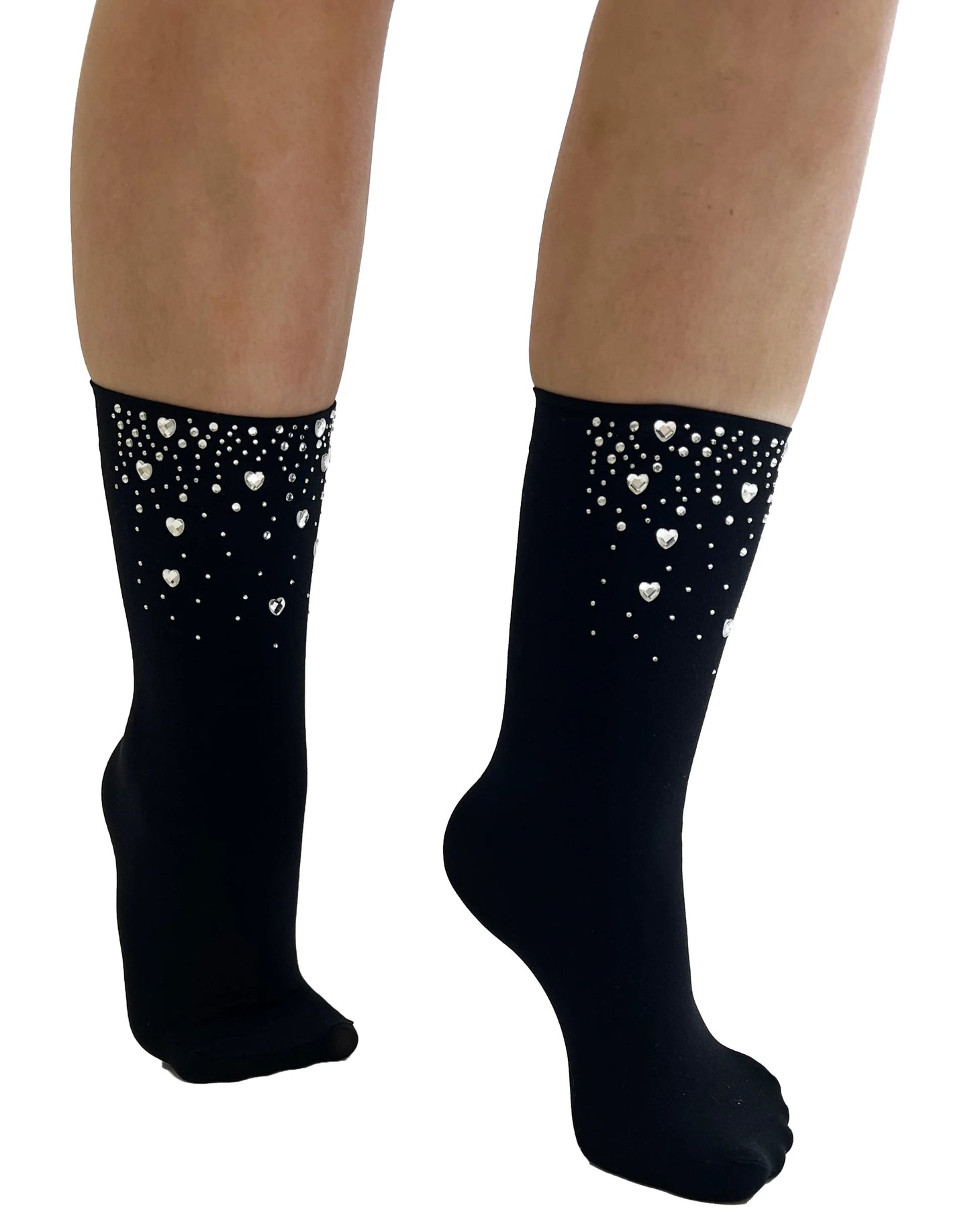 Pamela Mann Embellished Diamantí© Heart Socks - Black opaque fashion ankle socks with sparkly round and heart shaped rhinestone dotted on the front.