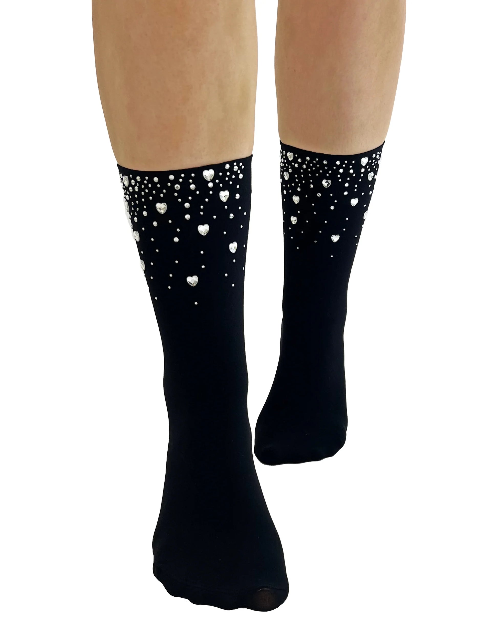 Pamela Mann Embellished Diamantí© Heart Socks - Black opaque fashion ankle socks with sparkly round and heart shaped rhinestone dotted on the front. Perfect for Christmas party season.