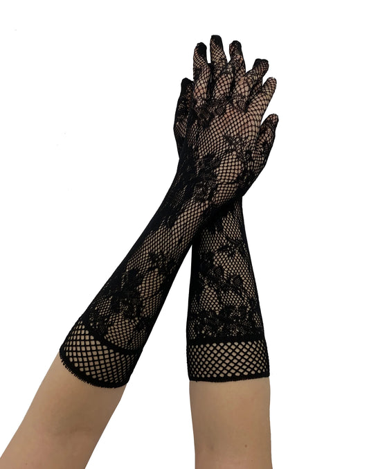 Pamela Mann Fishnet Floral Gloves - Long openwork black flower lace style fishnet gloves.