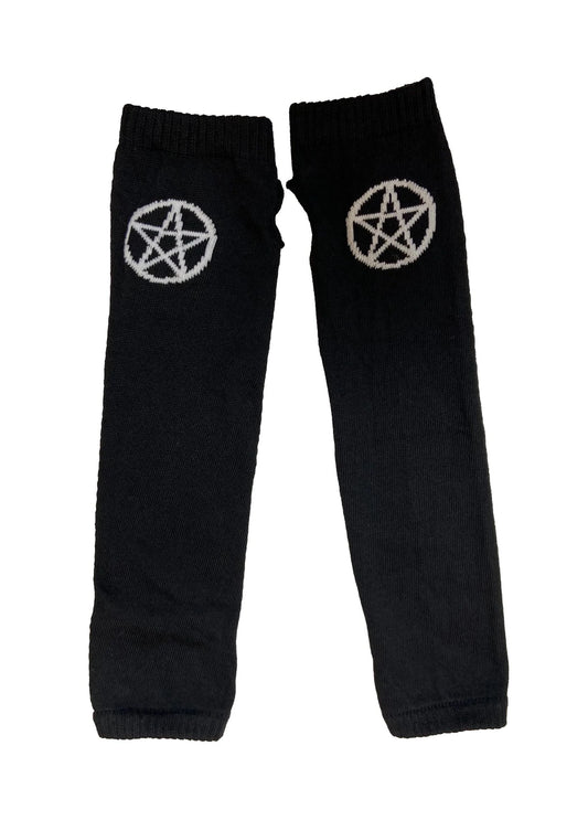 Pamela Mann Knitted Pentagram Fingerless Gloves - Black knitted tube arm sleeves with a hole for your thumb and white pentagram symbol, can also be worn as a neat leg-warmer.