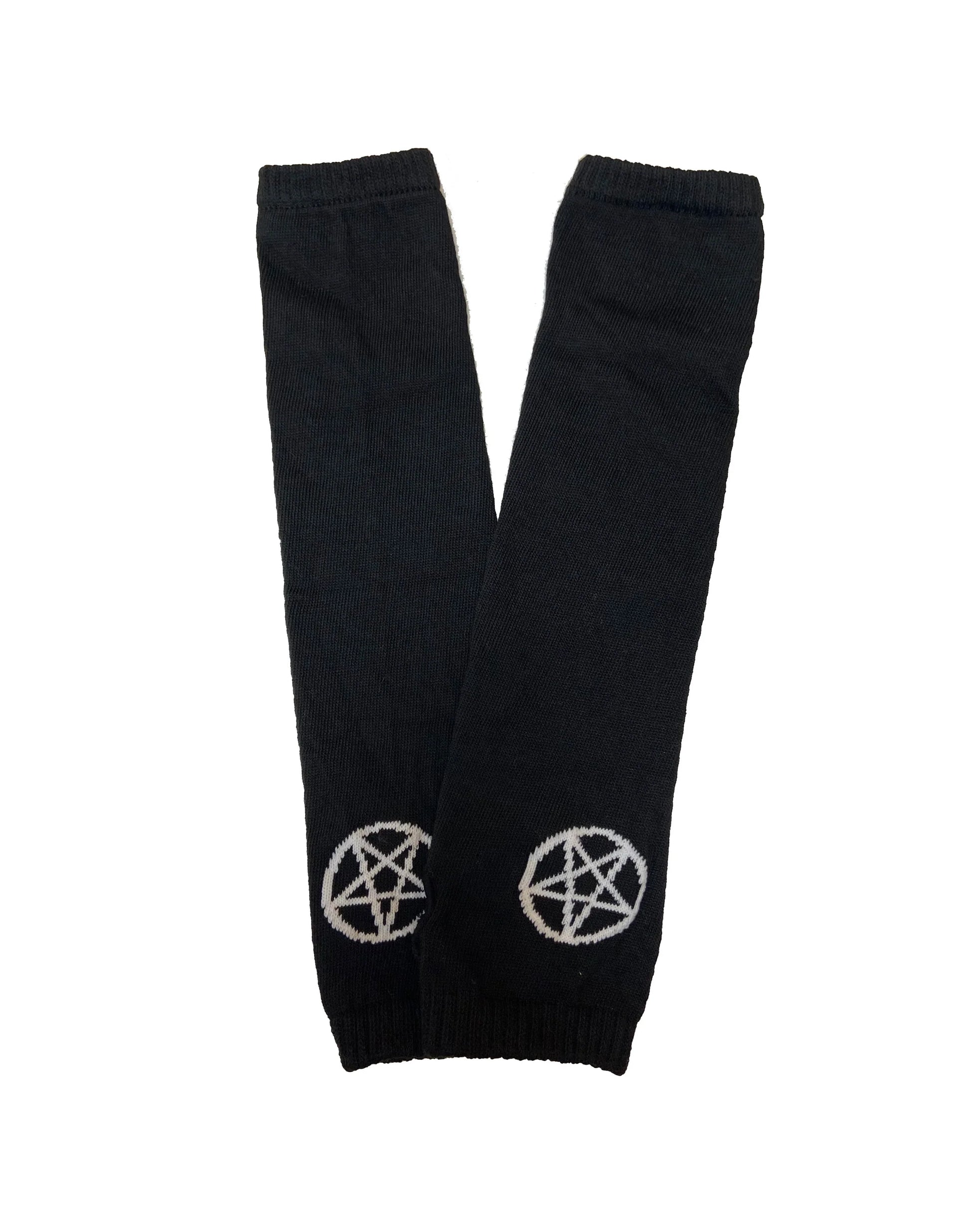 Pamela Mann Knitted Pentagram Fingerless Gloves - Black knitted tube arm sleeves with a hole for your thumb and white pentagram symbol, can also be worn as a neat leg-warmer.