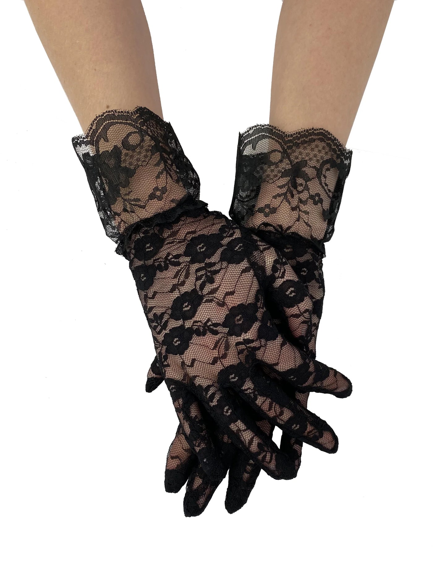 Pamela Mann Lace Wrist Gloves - Black floral lace short gloves which is elasticated around the wrist and frill scalloped edge cuff.