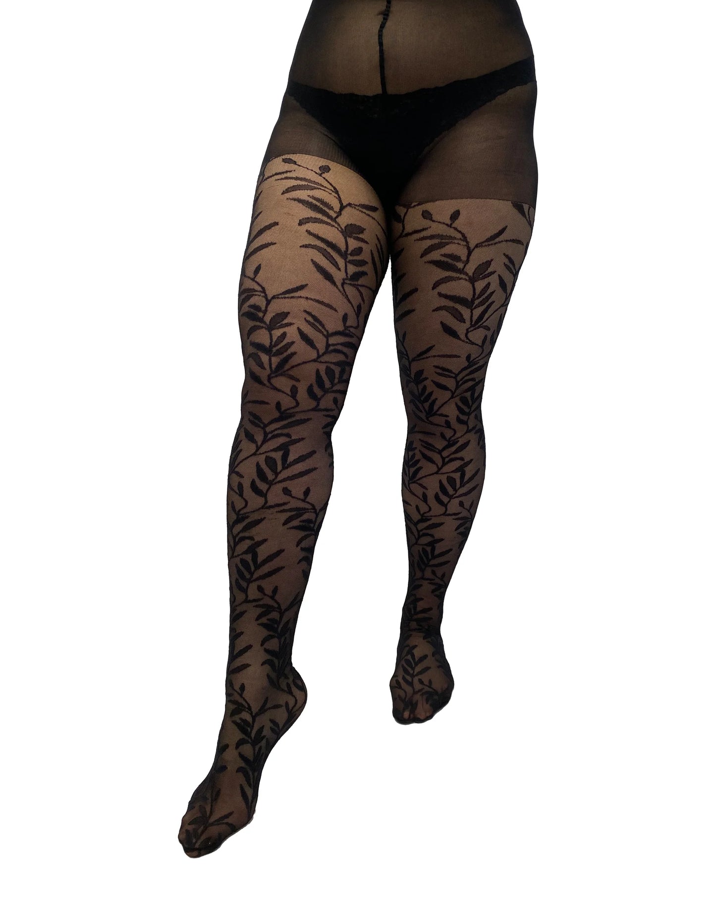 Pamela Mann Leaf Pattern Curvy Tights - Sheer black micro mesh curvy fashion tights with a woven vine leaf style pattern and deep boxer brief.