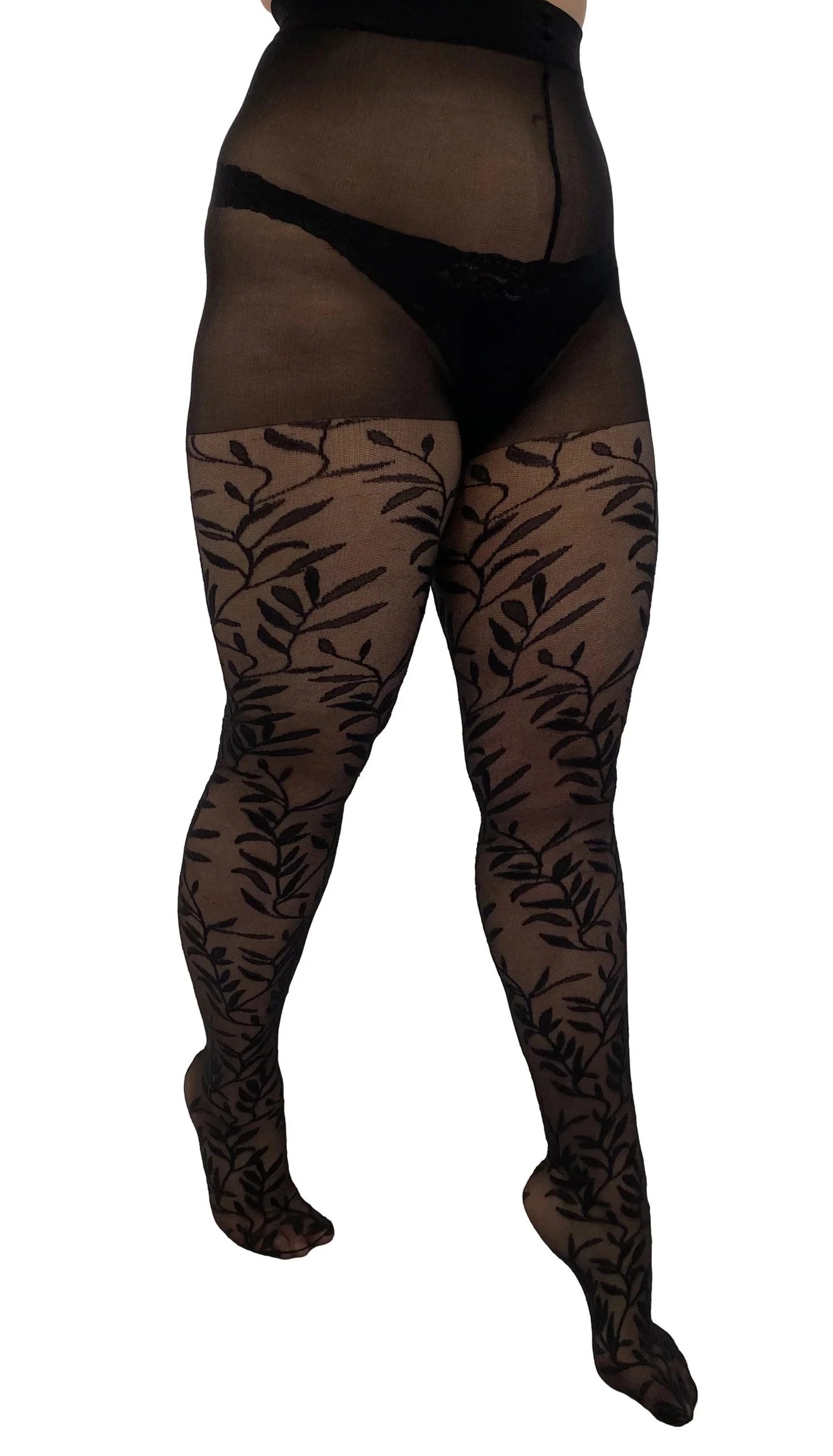 Pamela Mann Leaf Pattern Curvy Tights - Sheer black micro mesh curvy fashion tights with a woven vine leaf style pattern and deep boxer brief.