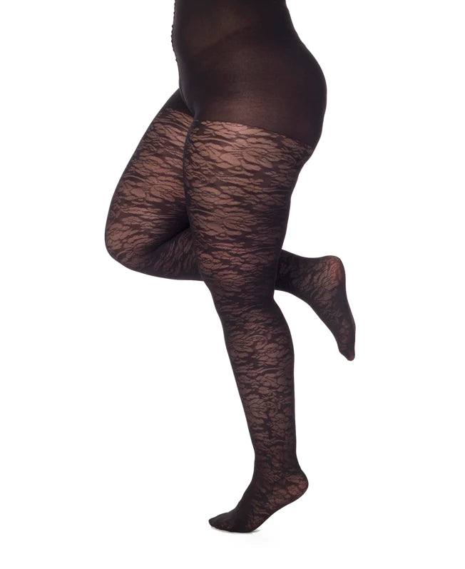 Pamela Mann Floral Pattern Curvy Tights - Black semi-opaque plus size maxi curvy tights with a cut out floral lace style pattern, plain top with flat seams.