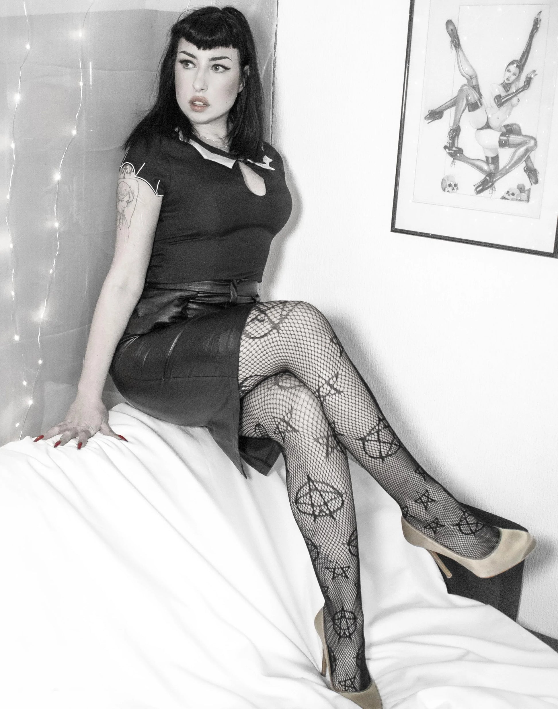 Pamela Mann Pentagram Net Tights - Black openwork tights with an all over woven stars and pentagram style pattern, perfect for a witch Halloween costume.