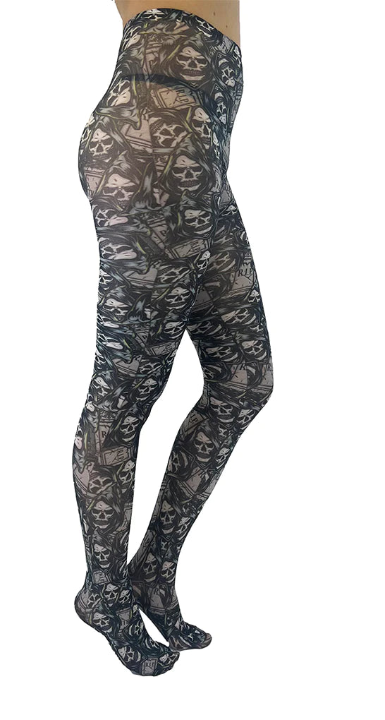 Pamela Mann RIP Skul Reaper Printed Tights - White opaque tights with an all over print of hooded skulls and headstones in shades of grey, mint green and a hint of neon green on a black background. Perfect for Halloween.