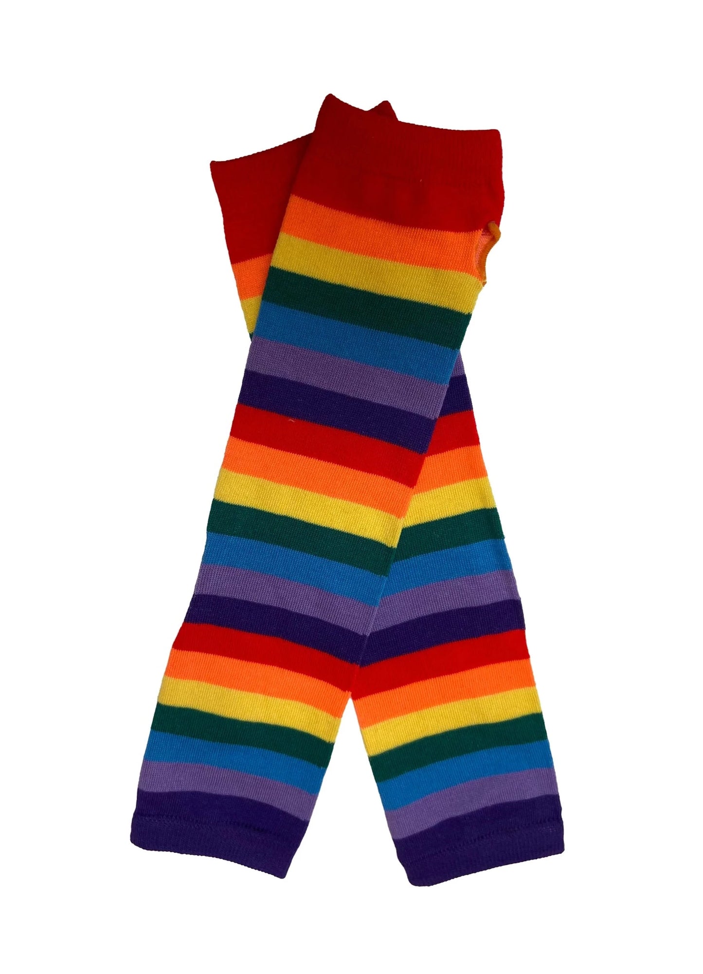 Pamela Mann Rainbow Stripe Sleevers - Multicoloured horizontal rainbow striped knitted tube arm sleeves with a hole for your thumb, can also be worn as a neat legwarmer.