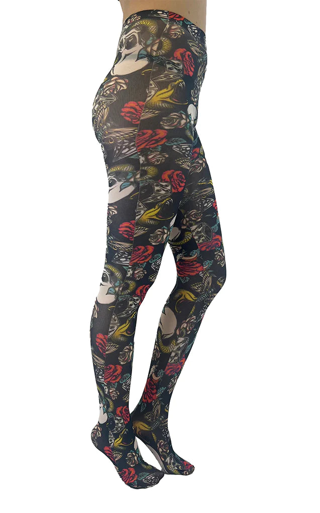 Pamela Mann Skull & Snake Tights - opaque tights with an all over print of skulls, snakes, roses and butterflies on a black background, perfect for Halloween or Day of the Dead