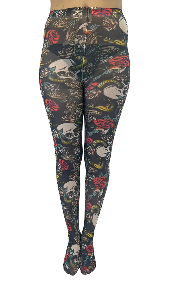 Pamela Mann Skull & Snake Tights - opaque tights with an all over print of skulls, snakes, roses and butterflies on a black background, perfect for Halloween or Day of the Dead