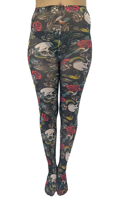 Pamela Mann Skull & Snake Tights - opaque tights with an all over print of skulls, snakes, roses and butterflies on a black background, perfect for Halloween or Day of the Dead