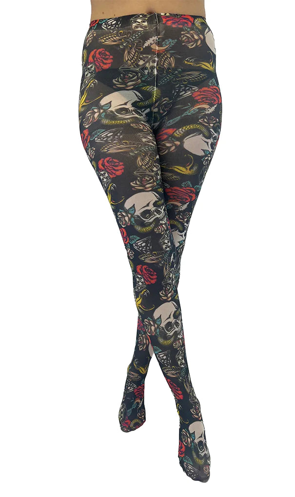 Pamela Mann Skull & Snake Tights - opaque tights with an all over print of skulls, snakes, roses and butterflies on a black background, perfect for Halloween or Day of the Dead
