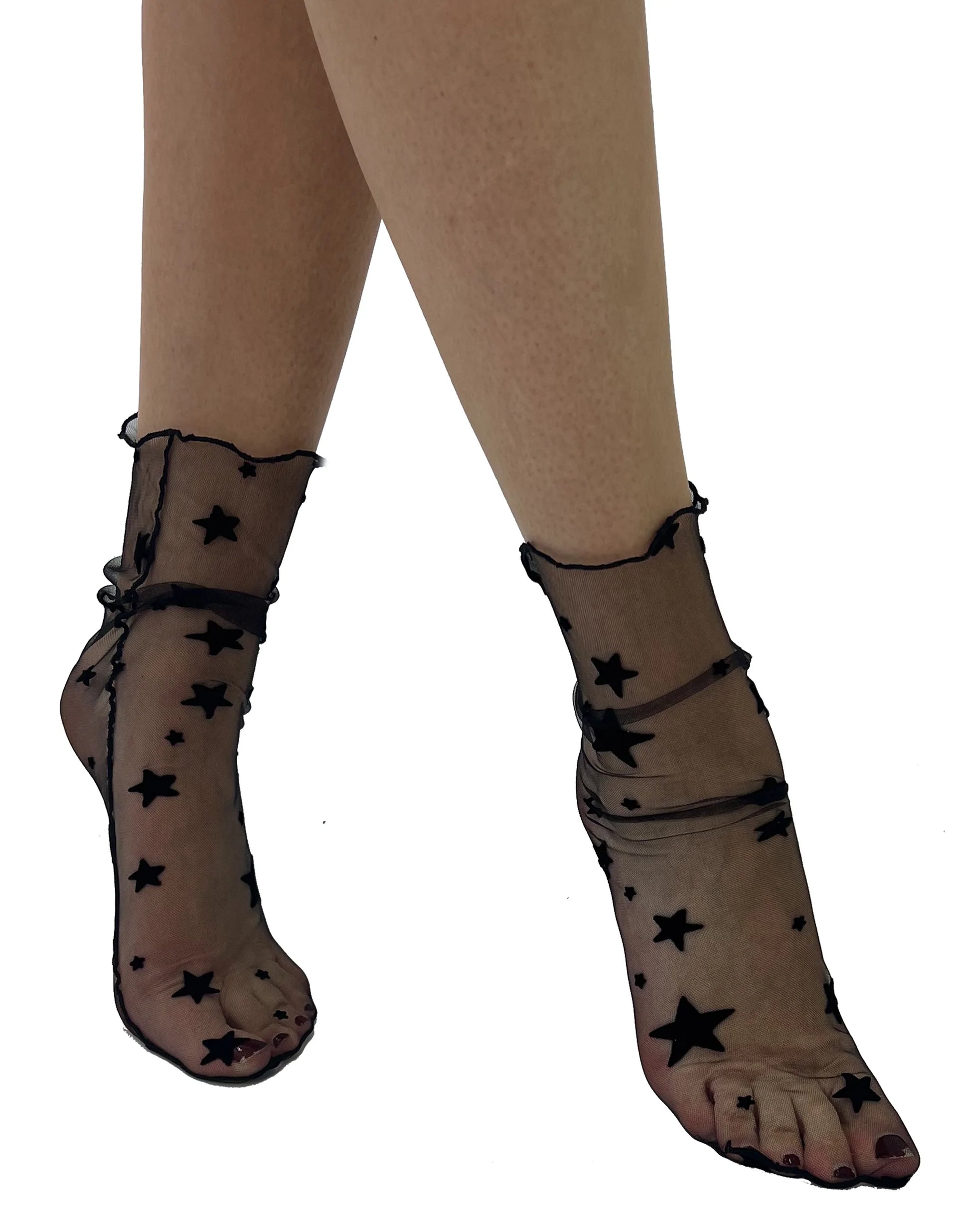 Pamela Mann Tulle Star Socks - Sheer black no cuff mesh tulle ankle socks with a velvet flock star pattern print and side seams.