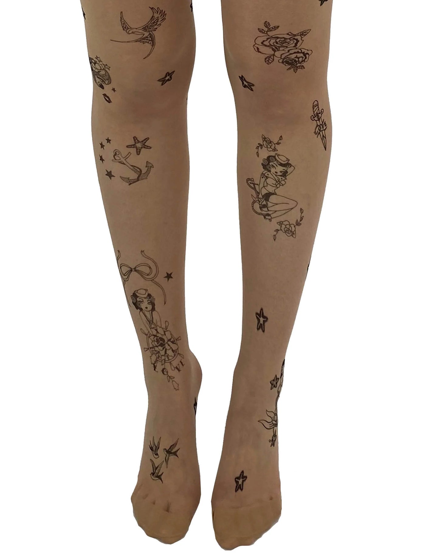 Pamela Mann Tattoo Sailor Girl Tights - nude tights with black nautical tattoo patterned print