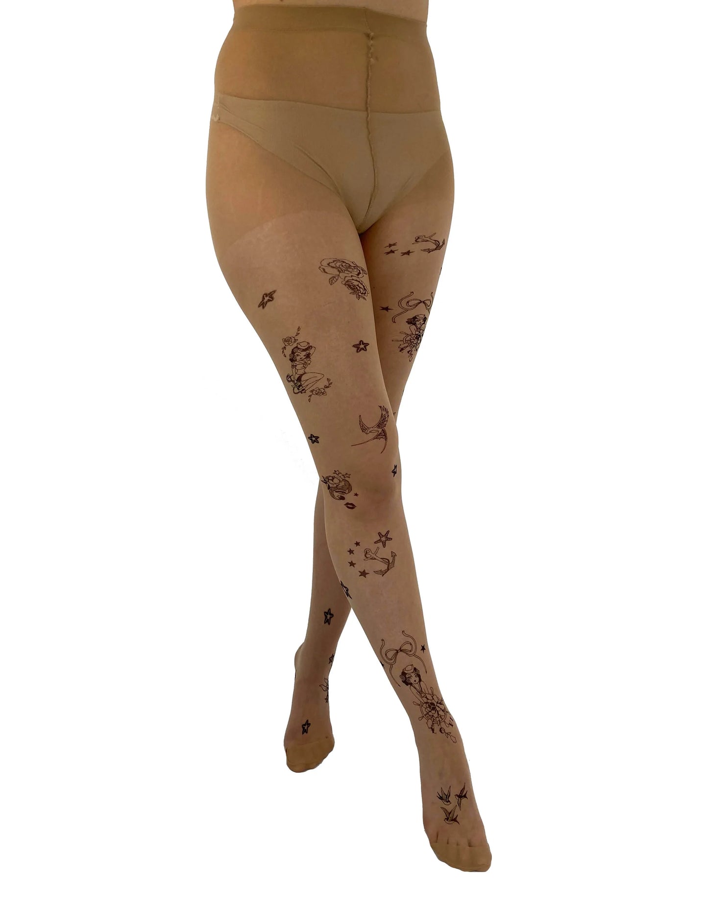 Pamela Mann Tattoo Sailor Girl Tights - nude tights with black nautical tattoo patterned print