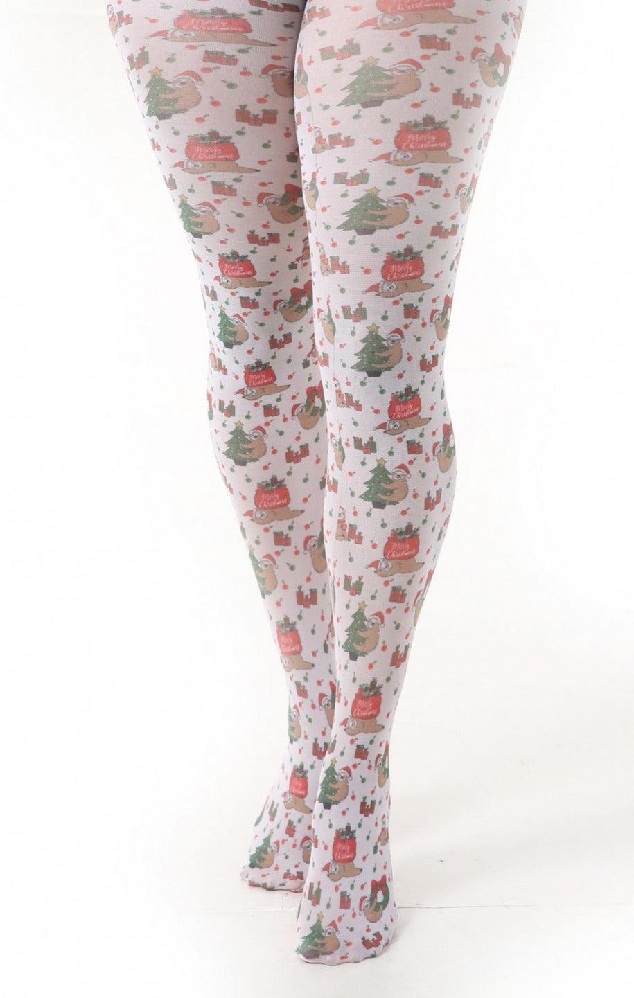 Pamela Mann Christams Sloth Tights - Novelty Christams tights with sloths and Xmas trees and wreaths printed pattern.