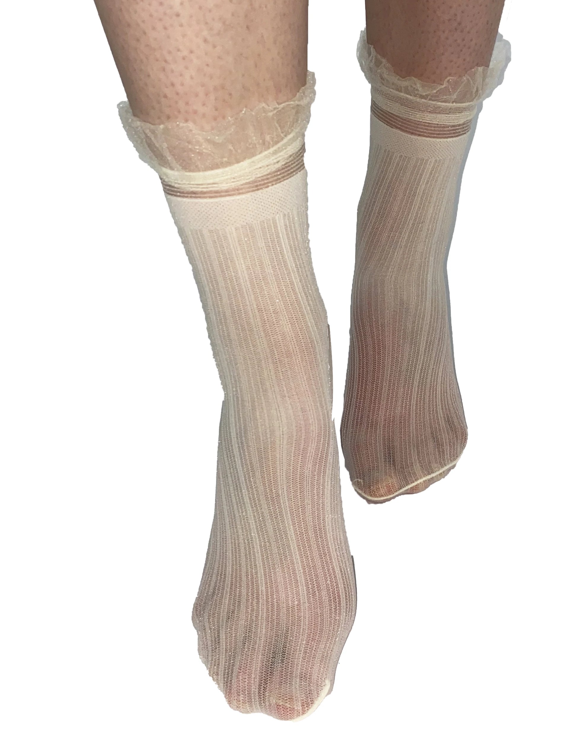 Pamela Mann Sheer Frill Ankle Socks - Sheer ivory fashion ankle socks with a stripped pattern and light frill cuff.