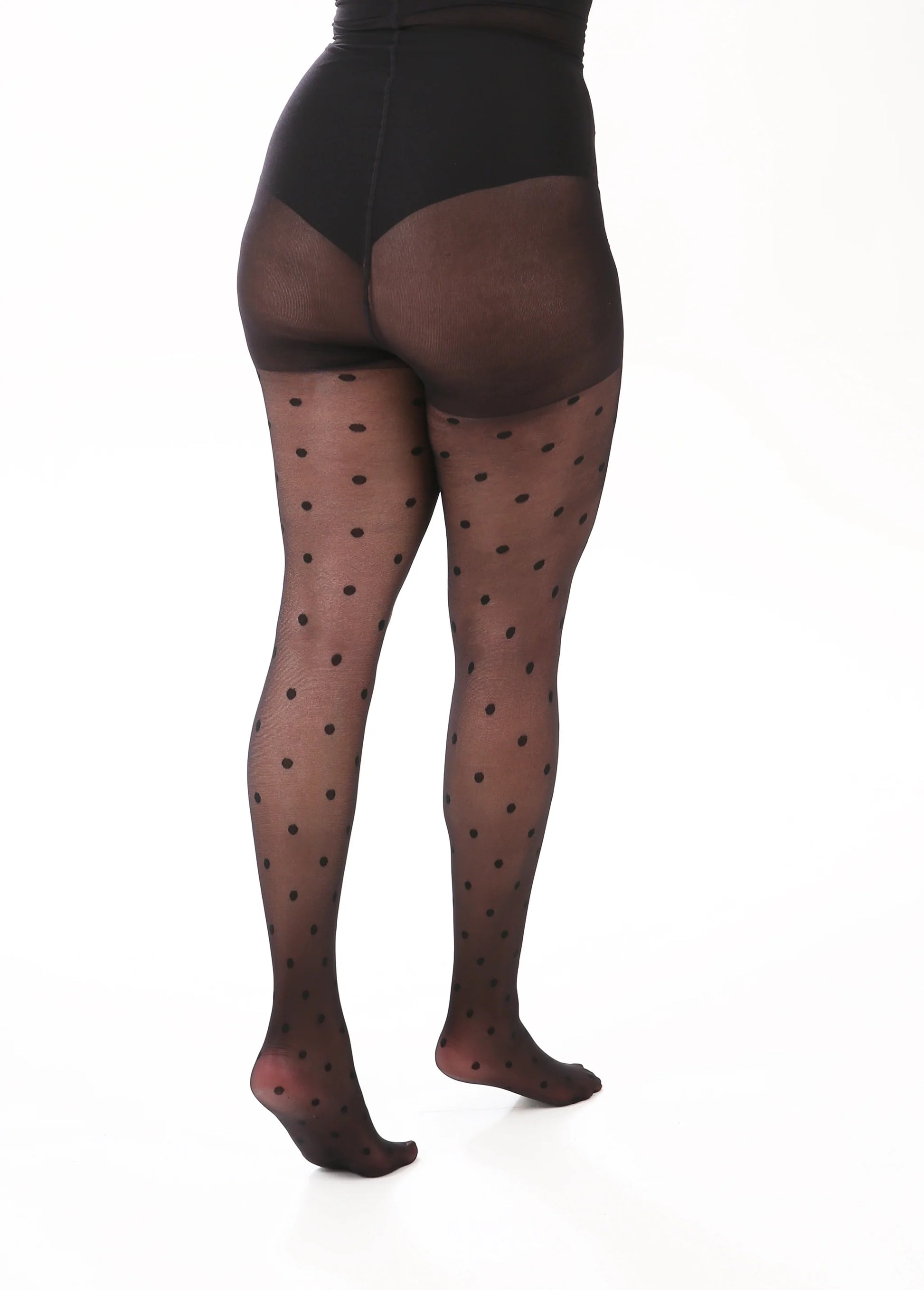 Pamela Mann Curvy Spot Tights - Sheer black curvy plus size tights with an all over woven spot pattern, plain top with flat seams.
