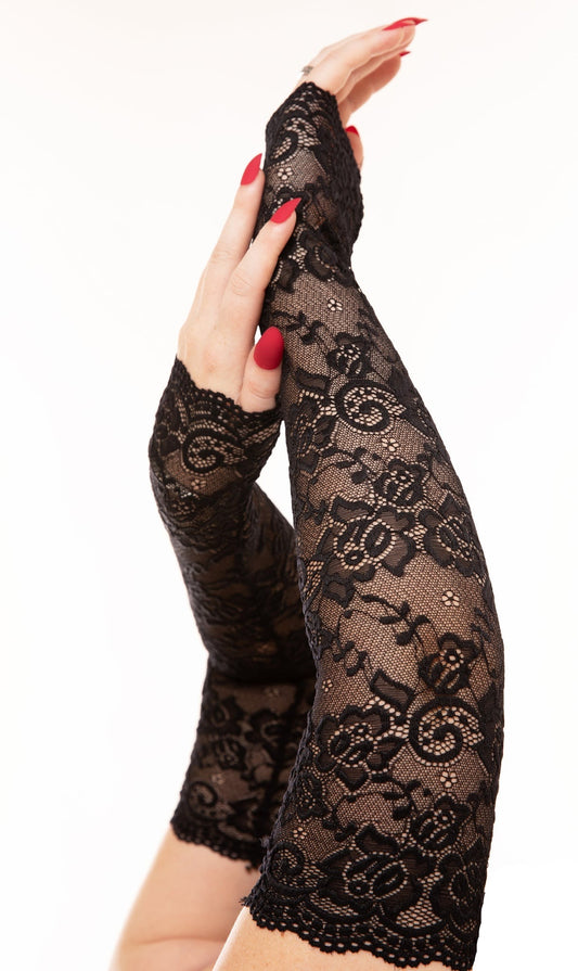 Pamela Mann Lace Sleeve Gloves - Black floral lace long over the elbow sleeves with scalloped edges.