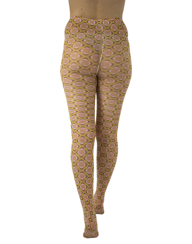 Pamela Mann Nostalgia Tights - White opaque tights with an all over 70's style stylised flower pattern print in pale pink, cream, orange and wine on a mustard background.