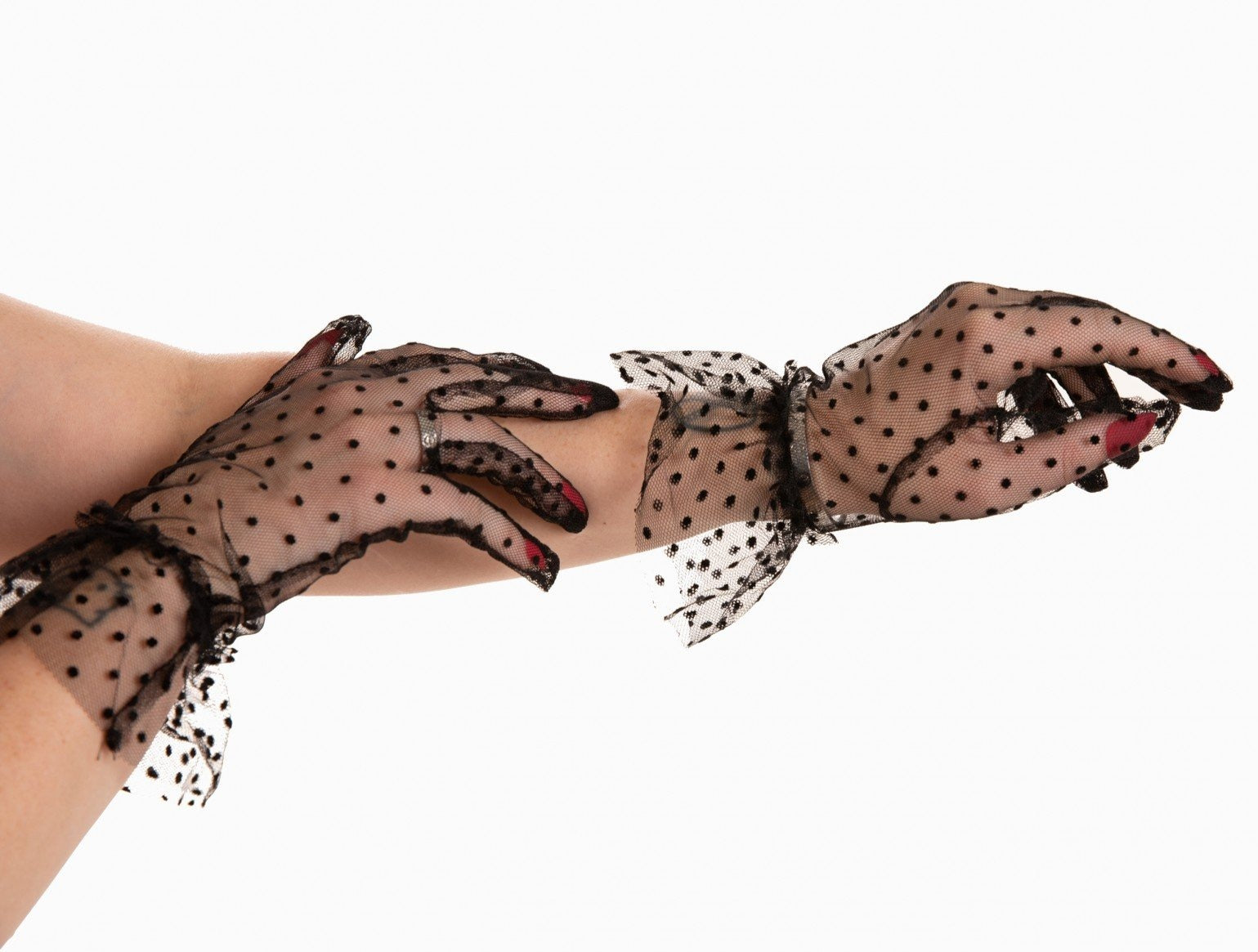 Pamela Mann Spot Mesh Gloves - Black spotted mesh tulle gloves with elastic around the wrist that creates a frill style cuff.