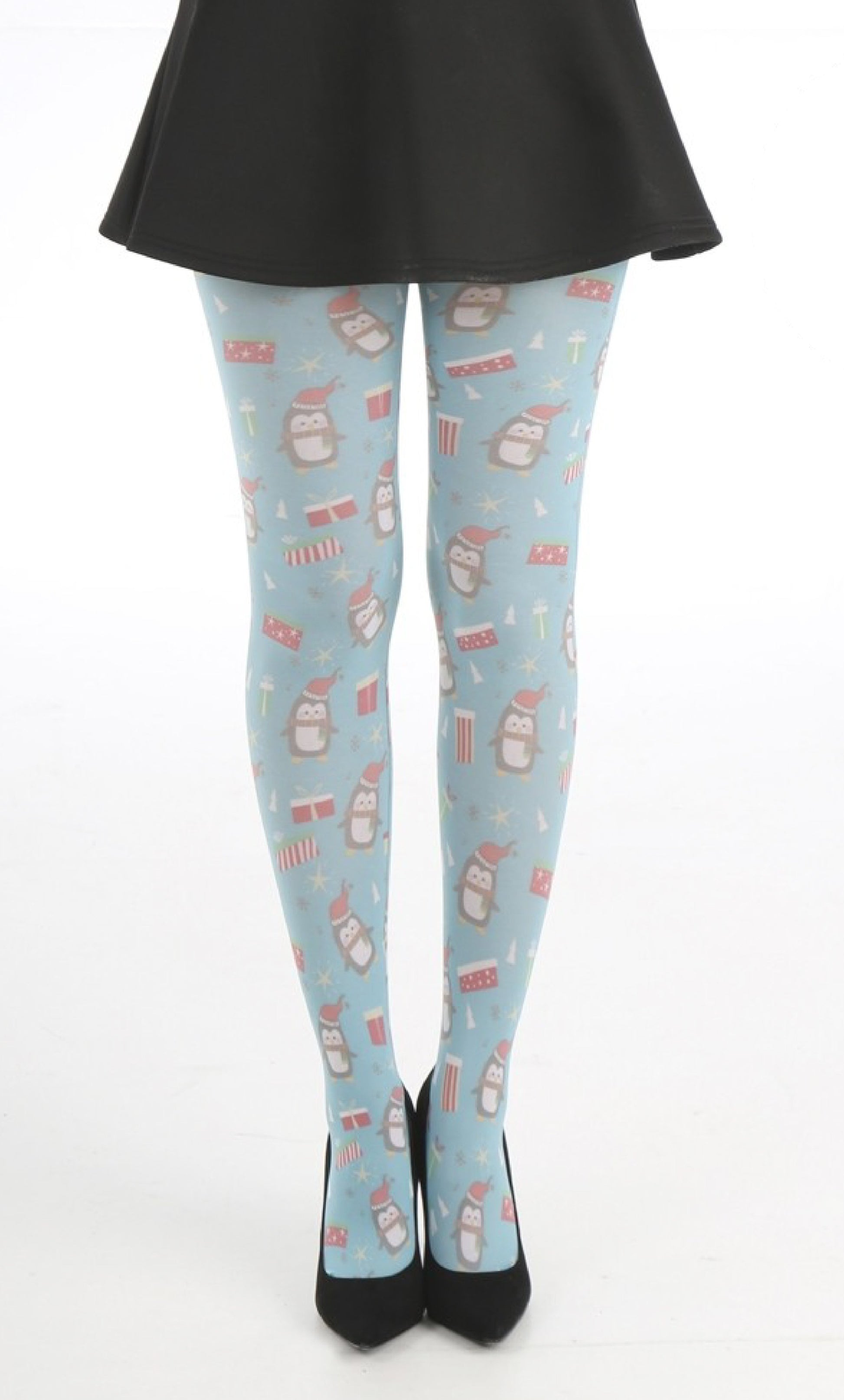 Pamela Mann Christmas Penguin Tights - Printed Christmas tights with a cute all over illustrated penguins, presents and stars print on a bright turquoise blue background.