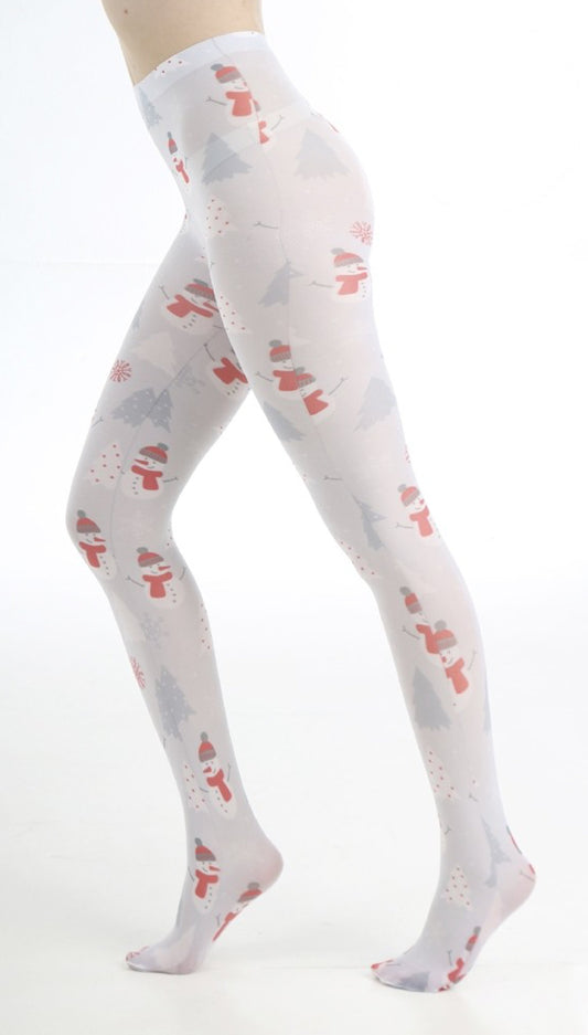 Pamela Mann Christmas Snowmen Tights - Printed Christmas tights with a cute all over snowmen, Xmas trees and snowflakes print pattern on a light grey background.