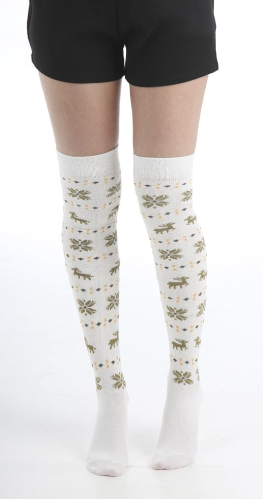 Pamela Mann Xmas Reindeer Over-Knee Socks - Cream Christmas over the knee cotton socks with a fairisle style pattern of reindeers, snowflakes and diamond shapes.