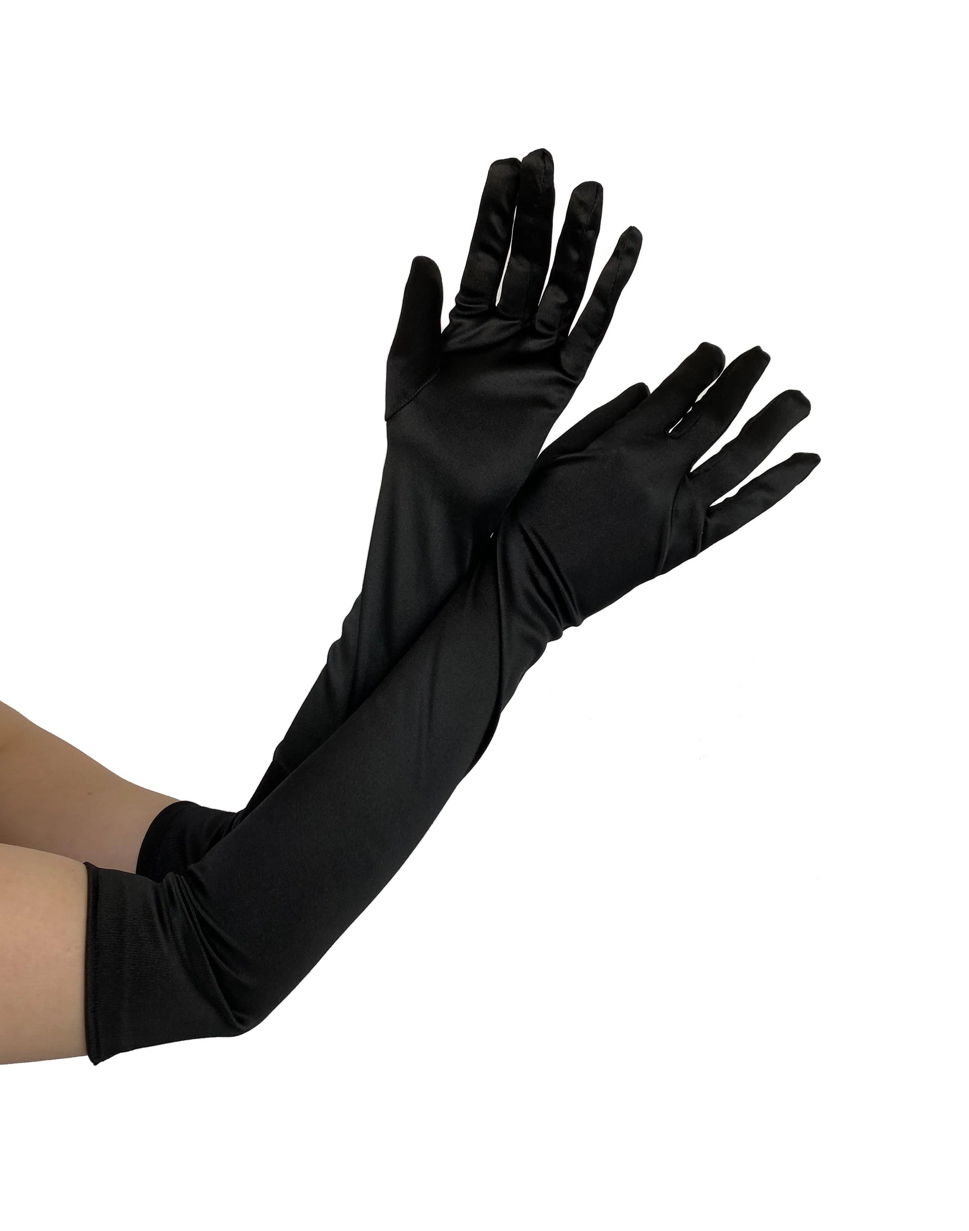 Pamela Mann Plain Satin Gloves - Black long above the elbow opera gloves made of glossy stretch satin.