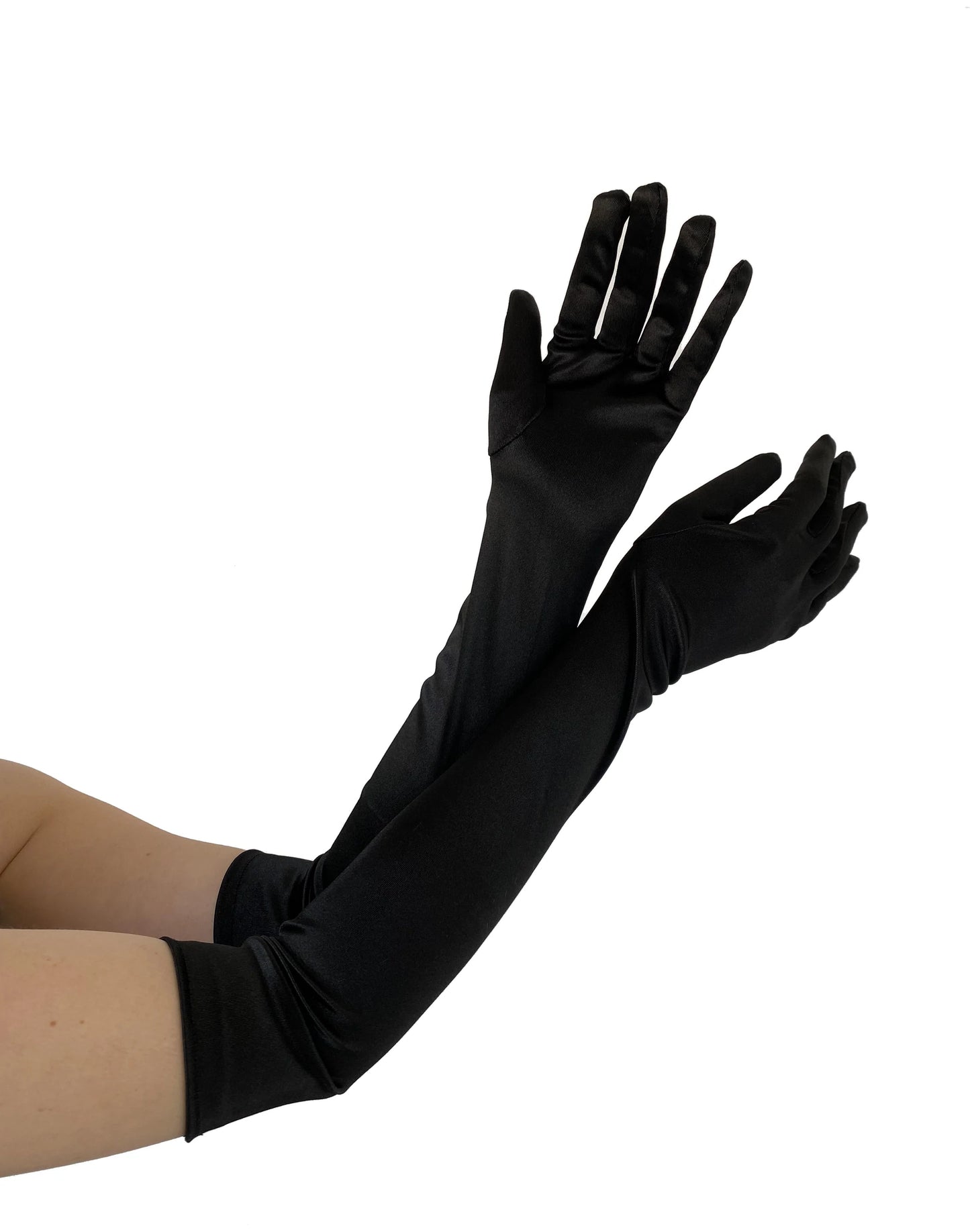 Pamela Mann Plain Satin Gloves - Black long above the elbow opera gloves made of glossy stretch satin.